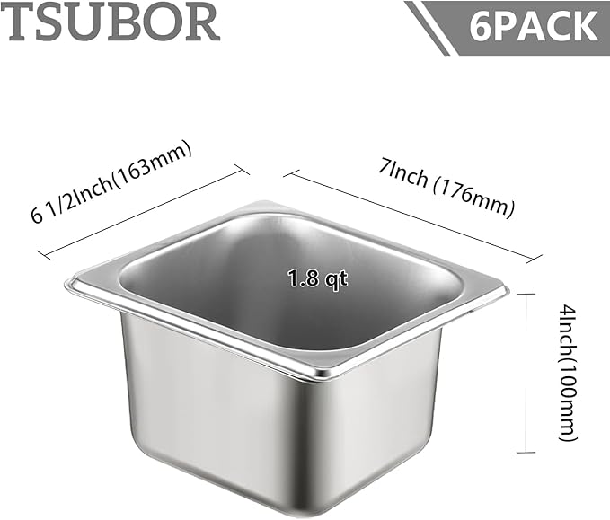 6 Set Stainless Steel Hotel Pans 1/6 Size 4 Inch Deep With Lids, Anti-Jam Chafing Steam Table Pans, Catering Food Storage Metal Pan