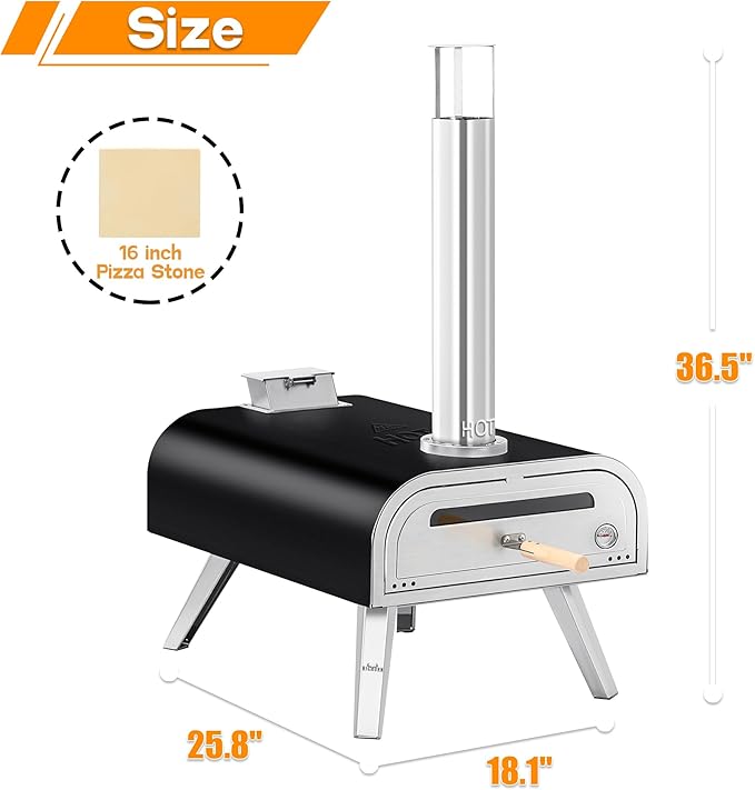BIG HORN OUTDOORS 16 Inch Wood Pellet Burning Pizza Oven Pellet Pizza Stove, Portable Stainless Steel Pizza Oven with Pizza Stone for Outdoor Backyard Pizza Maker Garden Kitchen