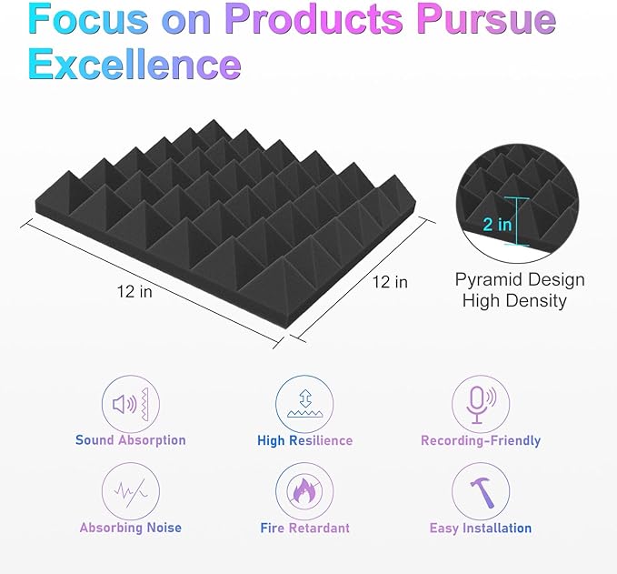 JBER Acoustic Sound Foam Panels, 24 Pack 2" X 12" X 12" Red and Black Soundproofing Treatment Studio Wall Padding Sound Absorbing Fireproof Pyramid