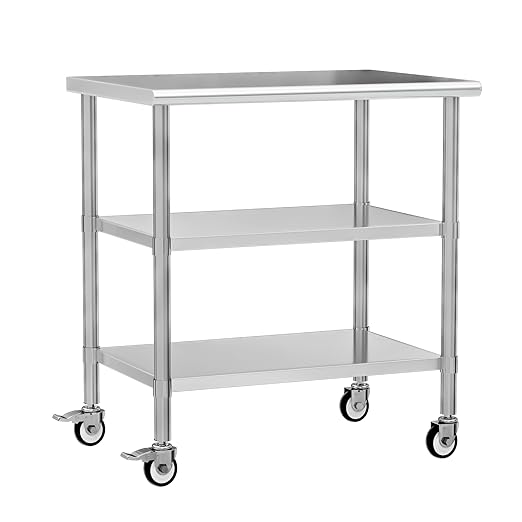 Stainless Steel Work Table with Wheels, 24x36 Inch NSF Kitchen Prep Table with 2 Adjustable Undershelves for Commercial Restaurant, Garage, Outdoor BBQ