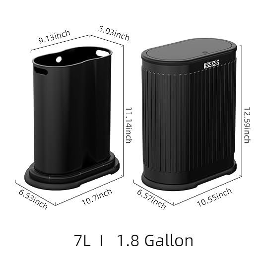 1.8 Gallons Small Stainless Steel Trash Can with Press Type Lid, Slim Bathroom Garbage Bin, Removable Liner Bucket, Dog Proof Narrow Wastebasket with Pop-Up Lid for Bedroom,Toilet (Matt Black)
