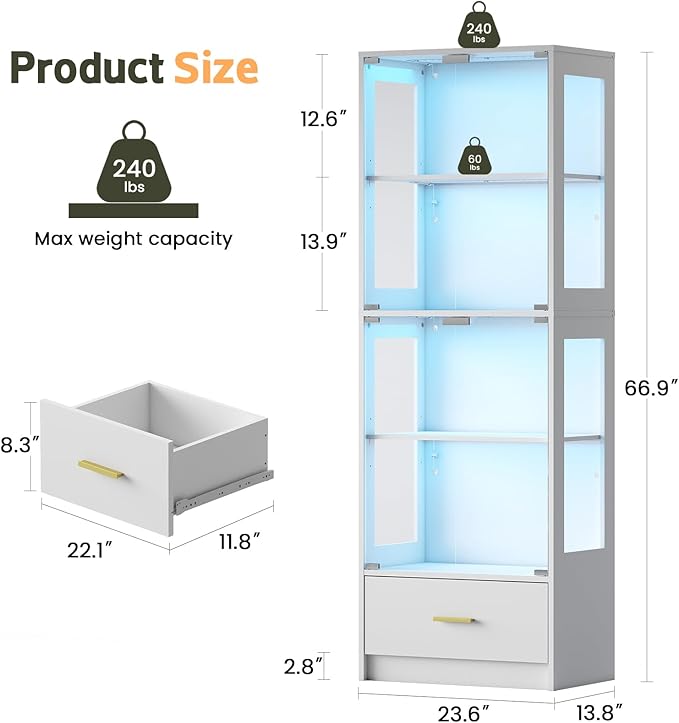 Display Cabinet with Glass Doors - 67" Curio Cabinet with RGB LED Lights and Drawer for Collectibles, 4 Tier Glass Display Case for Living Room, Office, White (Narrow)