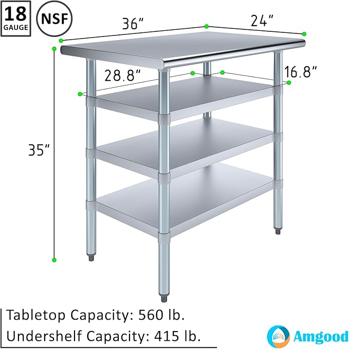 24 in. x 36 in. Stainless Steel Work Table with Three Bottom Shelves | NSF Kitchen Prep Table | Utitly Metal Table