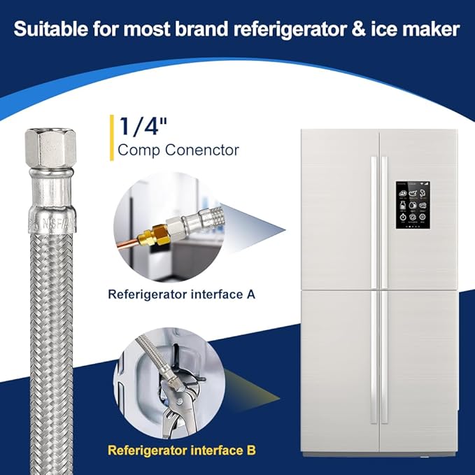 15FT Stainless Steel Braided Ice Maker Supply Line – 1/4″ Compression x 1/4″ Compression Fittings, Lead‑Free, Burst‑Proof, Universal Fit, NSF/UPC Certified, 10‑Year Warranty