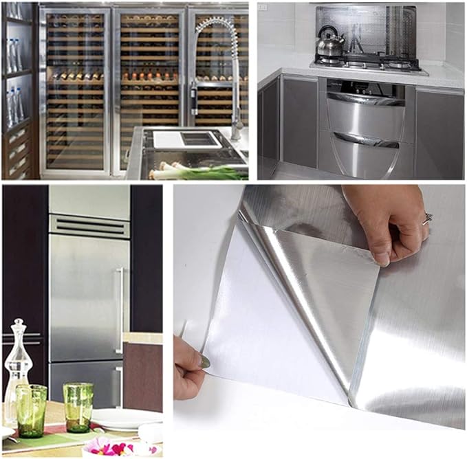 Hopepak 17.3''x197'' Stainless Steel Contact Paper Peel and Stick Waterproof Silver Metallic Wallpaper Self Adhesive Removable Vinyl Roll for Kitchen Cabinet Refrigerator Dishwasher Countertop