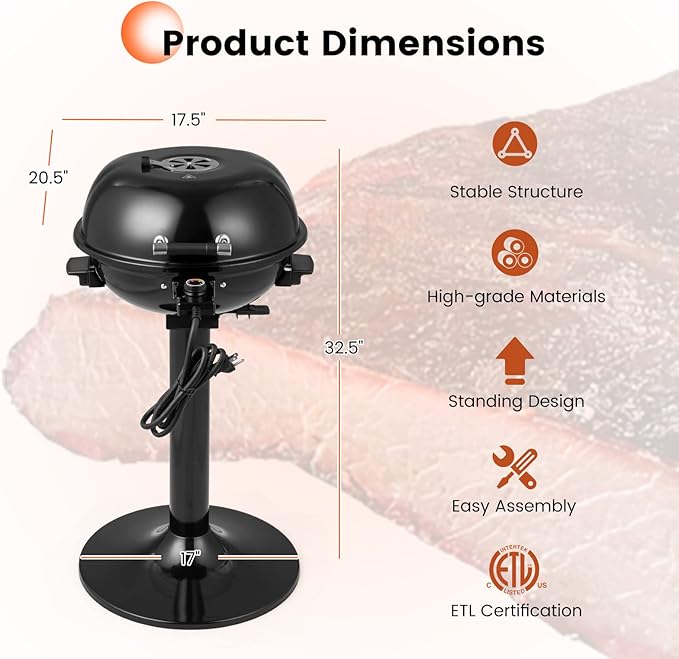 HAPPYGRILL 1600W Electric Grill Outdoor, Portable BBQ Grill with Warming Tray, Removable Non-Stick Grill Rack, Adjustable Temperature& Oil Drip Tray for Patio, Camping, Picnic (Balck)