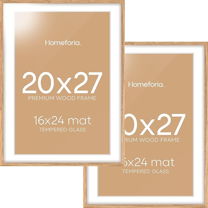 Homeforia 20x27 Picture Frame Natural Wood, High End Oak 20x27 Light Wooden Poster Frame with Mat 16x24, 20 x 27 Frames Matted to 16 x 24 Photo, 27x20 Hanging Frame, Tempered Glass, Wall Kit, Set of 2