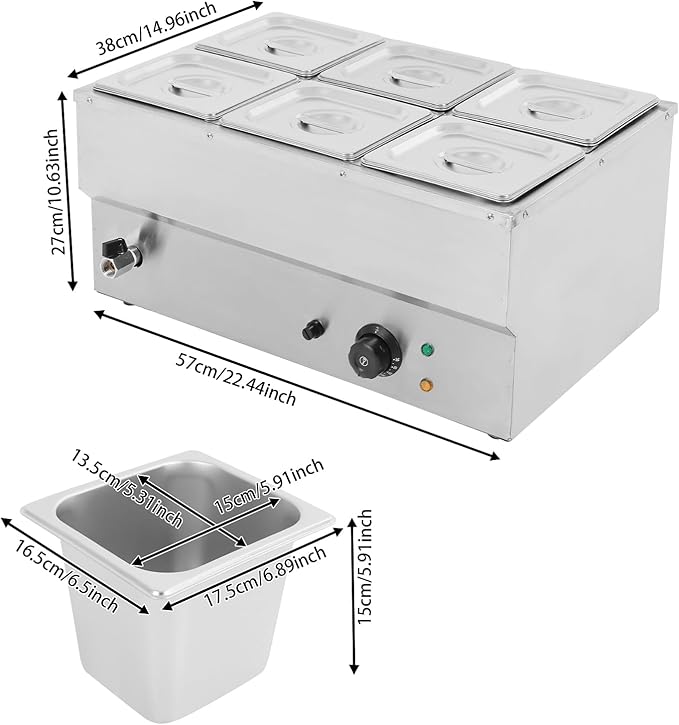 Commercial Food Warmer Stainless Steel Bain Marie Buffet Food Warmer Steam Table Electric Countertop Steam Table Container with 86-185°F Temp Control for Catering Restaurants (6 Pans)