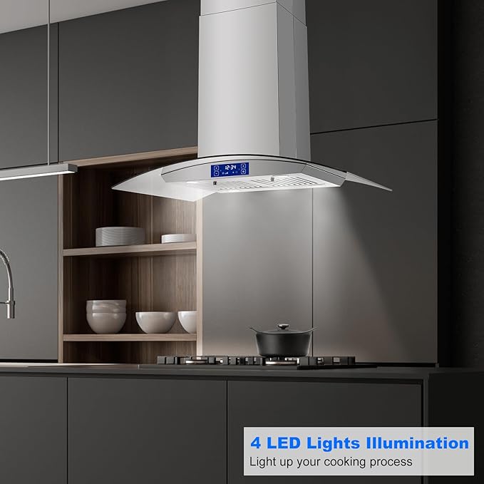 36 Inch Island Range Hood 700CFM Gesture & Touch Control Ceiling Mount Stainless Steel Ducted/Ductless Convertible, Ceiling Mount Vent Hood, Baffle Filter Exhaust Fan Extractor