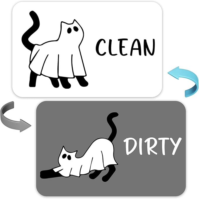 Funny Halloween Cat Cartoon Clean Dirty Dishwasher Magnet, Cute Cat Refrigerator Clean Dirty Sign, Double Sided Reversible Non Scratch Dish Washer Magnet Sign, Halloween Home Kitchen Decor Gift