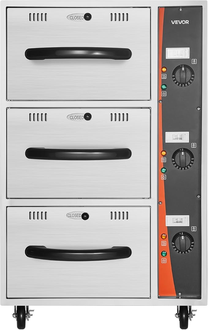 VEVOR Commercial Electric Drawer Warmer, Three-Drawer Stainless Steel Food Warmer, Freestanding Compact Warming Drawer Cabinet, 85°F–185°F Wide Temperature Range, for Restaurant, Hotel Buffet & Bakery
