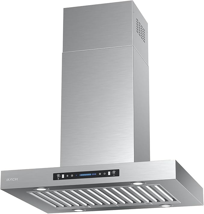 IKTCH 30 inch Island Wall Mount Range Hood, Ducted 900 CFM Range Hood with 4 Speed Fan, Stainless Steel Hood Vent with Gesture Sensing & Touch Control for Smart Life