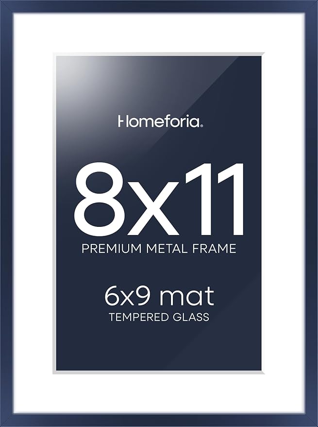 Homeforia 8x11 Picture Frame Navy Blue, High End Metal 8 x 11 Poster Frames with Mat 6 by 9 Photo, 11x8 Frame Matted to 6x9 inch Print, 8by11 Wall or Tabletop Frame, Tempered Glass, Wall Kit, Set of 1