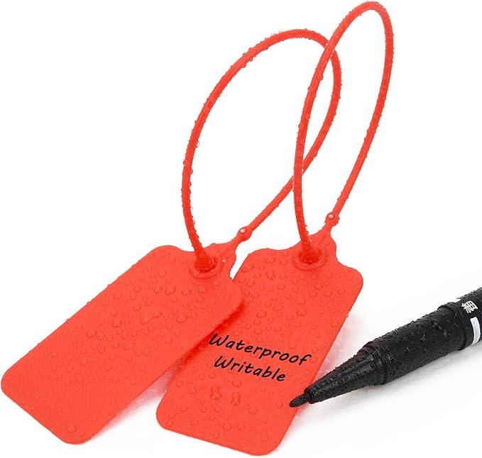 100pcs Luggage Tags Plastic Seals Shipping Label Logistics Sign Tie Bag Tag, Sealing Storage Multi Purpose Name ID Tag with Marker for Suitcases, Backpack, Schoolbag, Car Key (Red)