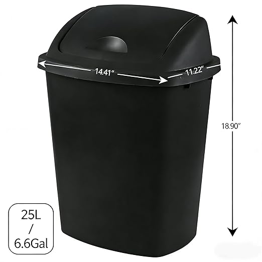 4 Pack Plastic Commercial Trash Can Wastebasket, Garbage Container Bin with Swing Top Lid, 6.6 Gallon/25 Liter