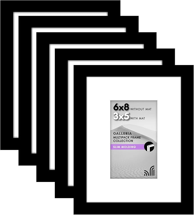 Americanflat 6x8 Picture Frame with Polished Plexiglass - Set of 5 - Use as 3x5 Frame with Mat or Display 6x8 Photo Without Mat - Galleria Collection - Picture Frames for Tabletop and Wall - Black