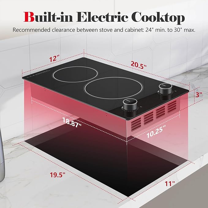 SNDOAS 2 Burner Electric Cooktop,12 inch Built-in 3000W and 9 Power Levels Glass Ceramic Stove Top,Electric Stove with Knob Control,Hardwired 240V for Kitchen,Residual Heat Protection,Easy Clean