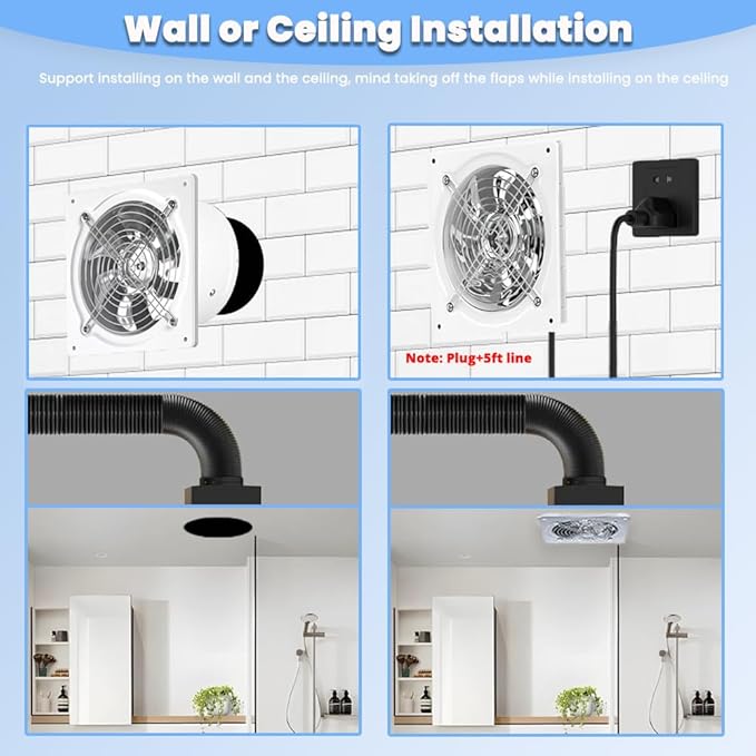8 inch Exhaust Fan, 735CFM Wall Mounted Vent Fans, Ventilation Fan Bathroom Garage Attic Exhaust Fan Ceiling and Wall Mount Fan for Kitchen/Bathroom, 110V 80W