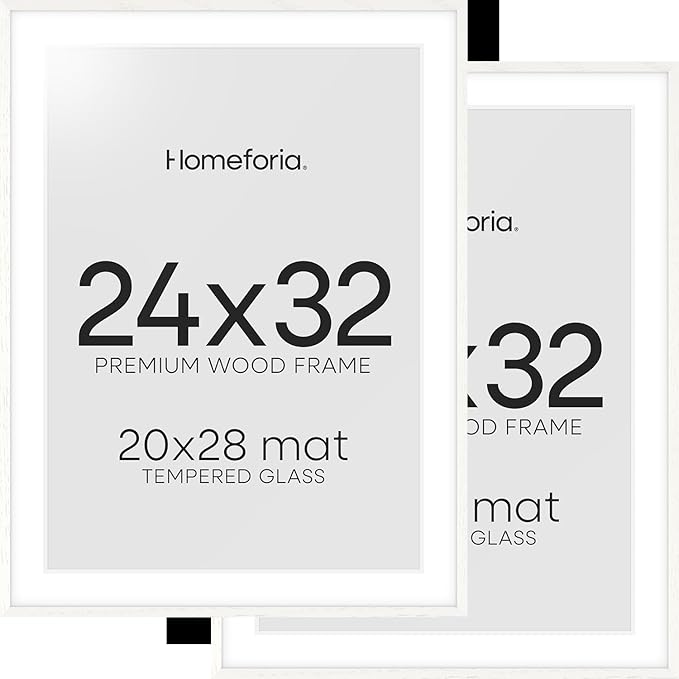 Homeforia 24x32 Frame White Wood, High End Oak 24 x 32 Poster Frame with Mat 20 by 28 for Photo, 24x32 Large Wooden Picture Frame Matted to 20x28, 32x24 Thin Frames, Tempered Glass, Wall Kit, Set of 2