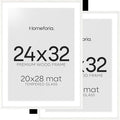 Homeforia 24x32 Frame White Wood, High End Oak 24 x 32 Poster Frame with Mat 20 by 28 for Photo, 24x32 Large Wooden Picture Frame Matted to 20x28, 32x24 Thin Frames, Tempered Glass, Wall Kit, Set of 2