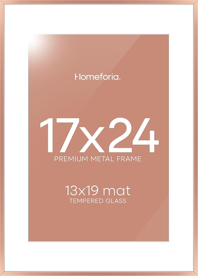 Homeforia 17x24 Picture Frame Rose Gold, High End Metal 17x24 Poster Frames with Mat 13x19 Photo, 17 x 24 Rose Gold Frame Matted to 13 by 19 Print, 24x17 Thin Frame, Tempered Glass, Wall Kit, Set of 1