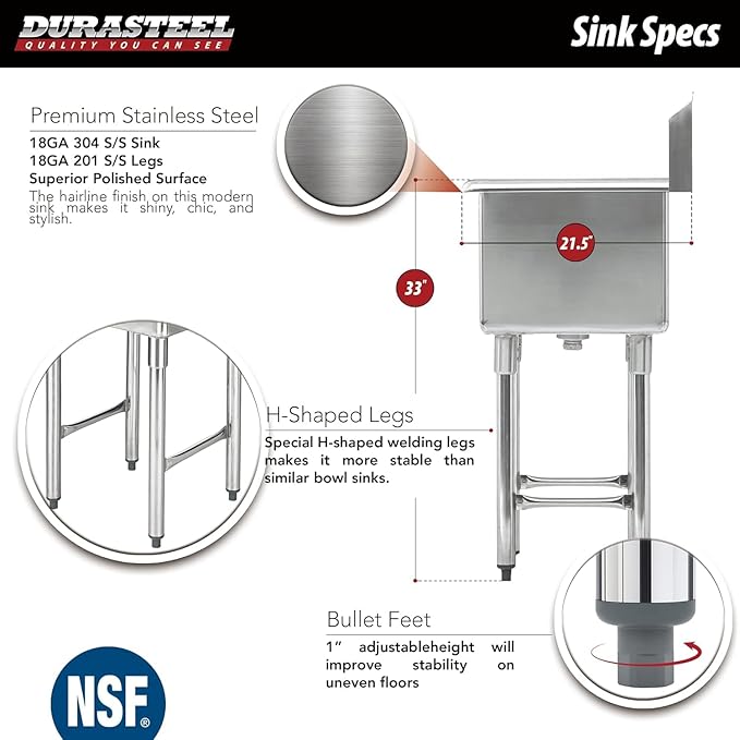 DuraSteel 304 Stainless Steel Utility Sink - 18 Inch Freestanding Prep Sink with Faucet - Dual CEC & NSF Certified Wash Station for Kitchen, Laundry, Garage & Restaurant