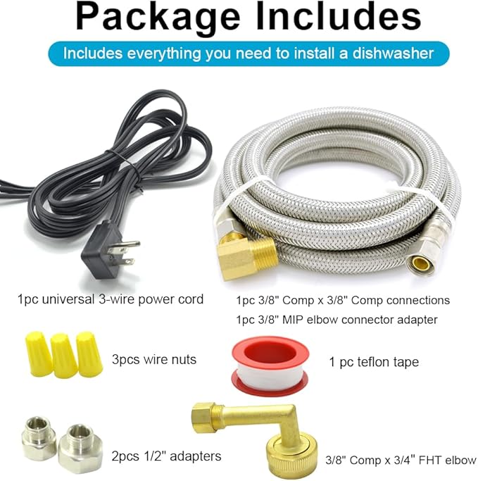 Universal Dishwasher Installation Kit,4 Ft Stainless Steel Dishwasher Hose,Burst Proof Water Supply Line with 3/8" Compression Connections