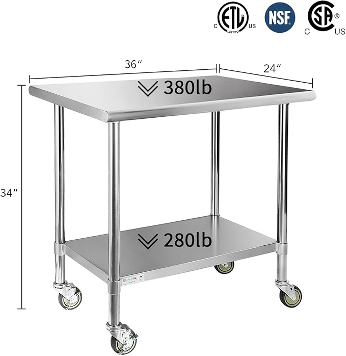 STABLEINK Stainless Steel Table with Wheels 24 x 36 Inches, NSF Commercial Prep & Workbench with Adjustable Undershelf and Casters, for Commercial Kitchen, Restaurant, Hotel, Laundry and Garage