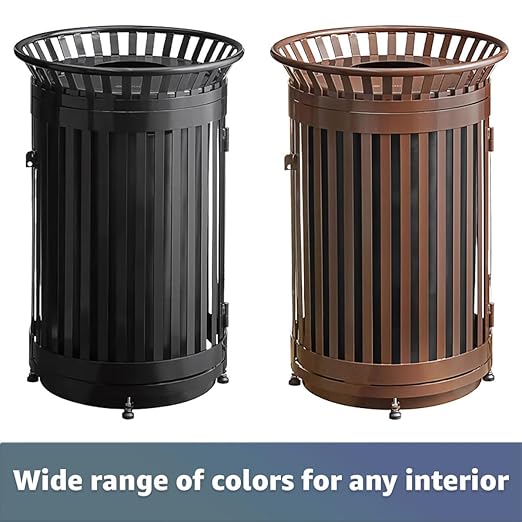 45 Gallon Brown Trash Can with Flat Lid & Door, Outdoor Heavy-Duty Commercial Waste Bin Steel Slatted, Round Recycle Container, Durable Garbage Can for Parks, Municipalities, Schools, Parking