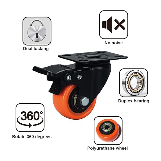 2" Caster Wheels, Casters Set of 8 Heavy Duty - ASRINIEY Orange PU Castors, Top Plate Swivel Wheels, 8-Pack Industrial Casters with Brake, Locking Casters for Furniture and Workbench