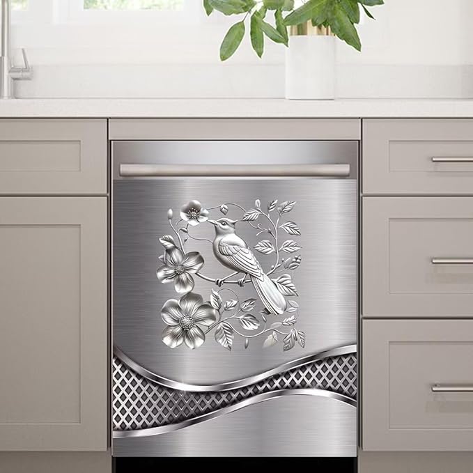 Imitation Stainless Steel Design Bird Wallpaper Dishwasher Cover Magnetic Sticker Refrigerator Door Panel Cover Fridge Appliance Magnet Decal Sheet 23x17 inch