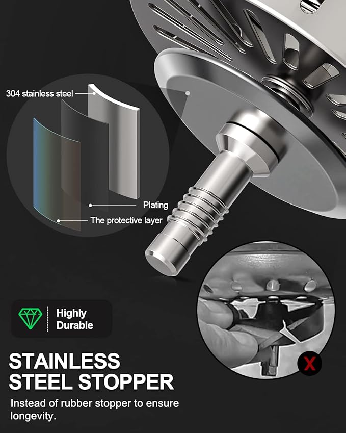 BOTEMY B9171 Kitchen Sink Drain 3 1/2 Inch Kitchen Sink Drain Strainer Assmebly Kit Stainless Steel Sink Strainer Basket/Drain Stopper for 3.5'' Standard American Drain Hole (Polished)