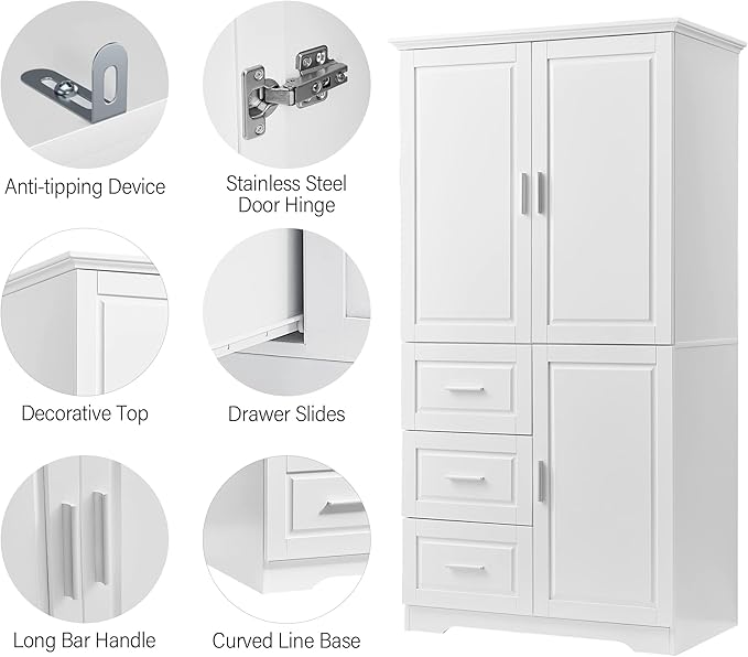 62.5" Storage Cabinet with Doors and Drawers, Kitchen Pantry Cupboard Shelf Organizers for Home, Bathroom and Living Room, Solid Wood Legs, Gray