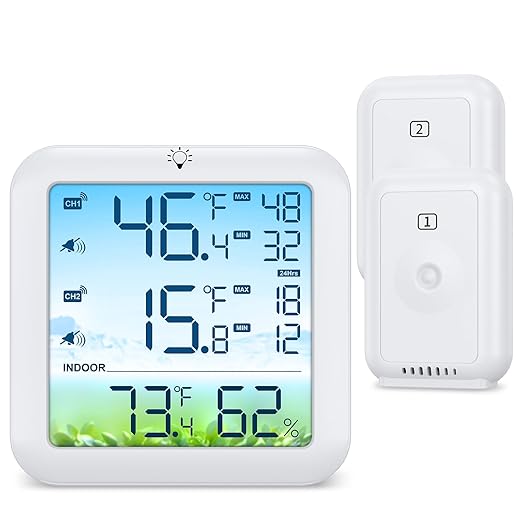 Wireless Fridge and Freezer Thermometer with Alarm, Max/Min Temperature Records Digital Refrigerator Thermometer, 328FT Remote Range, Magnetic & Stand Options for Kitchen Home Restaurant