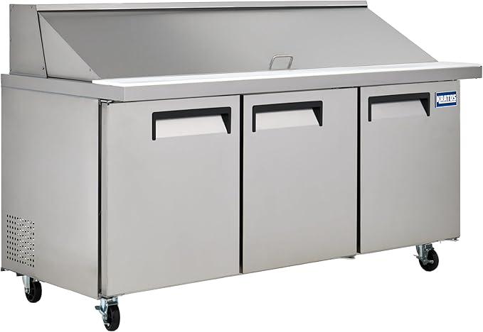 Kratos Commercial Refrigerator, Mega Top Sandwich/Salad Prep Table, 70" Wide Three Door Stainless Steel Refrigerated Prep Table with 30 Food Pan Capacity (67K-037)