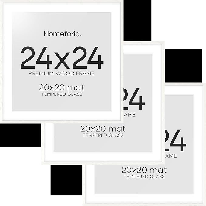Homeforia 24x24 White Picture Frame, High End Oak 24 x 24 Square Wood Frames with Mat 20 by 20 inches Photo, 24by24 White Wooden Poster Frames Matted to 20x20 Print, Tempered Glass, Wall Kit, Set of 3