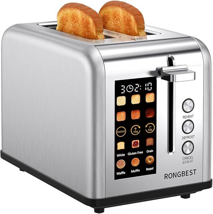 2 Slice Easy Touch Screen Toaster, Stainless Steel Toaster with Wide Slots, Even Toasting for Bagels & Bread, Reheat & Defrost, Removable Crumb Tray, Silver