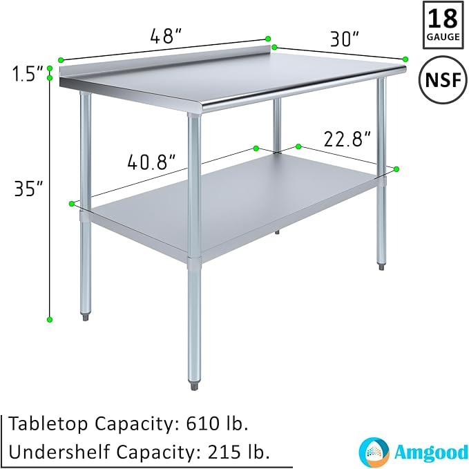 AmGood Stainless Steel Work Table with 1.5" Backsplash | Metal Kitchen Food Prep Table | NSF (48" Long x 30" Deep)