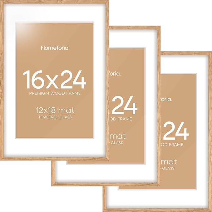 Homeforia Picture 16x24 Wood Frame, High End Natural Oak 16x24 Light Wooden Poster Frame with Mat 12x18, 16 x 24 Frames Matted to 12 x 18 Photo, 24x16 Hanging Frame, Tempered Glass, Wall Kit, Set of 3