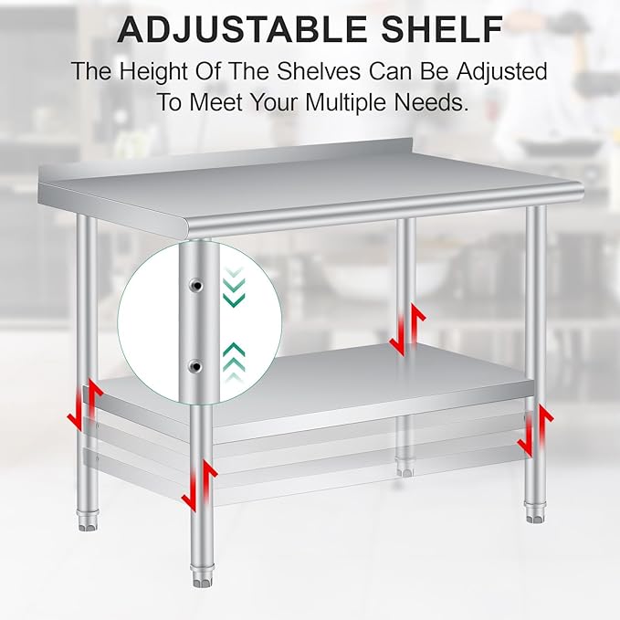 Stainless Steel Prep Table, 48 x 24 Inches, with Backsplash, Adjustable Undershelf, Commercial Heavy Duty Table with Adjustable Under Shelf for Outdoor Use,Restaurants,Hotels,Works