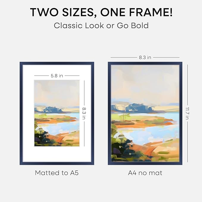 Homeforia A4 Picture Frame Navy Blue, High End Metal 8.3 x 11.7 inch Poster Frames with Mat 5.8 by 8.3 Art, A4 Size Frames Matted to A5 Photo, 8.3x11.7 Wall or Tabletop Frame, Tempered Glass, Set of 1