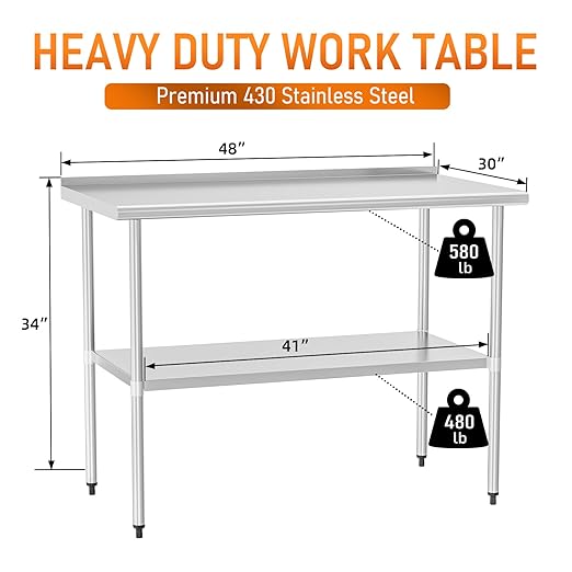 HOCCOT Stainless Steel Table 30" x 48" with Adjustable Undershelf and Backsplash, Commercial Metal Workstations for Kitchen, Garage, Outdoor BBQ