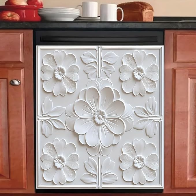2D Flat White Floral Embossed Dishwasher Magnetic Cover 23 x 26 Inch Elegant 3DFlower Panel Magnet for Modern Kitchen Appliance Decor
