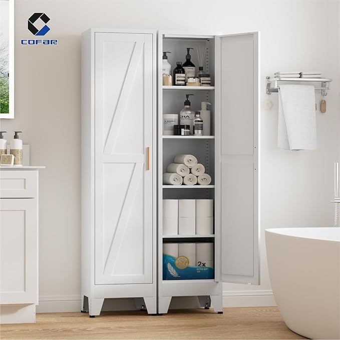 COFaR 67'' Tall Slim Bathroom Storage Cabinet, Metal Narrow Pantry Cabinet with 4 Adjustable Shelves and One Door, Skinny Cabinet Storage for Kitchen Laundry, White Farmhouse 5 Tiers