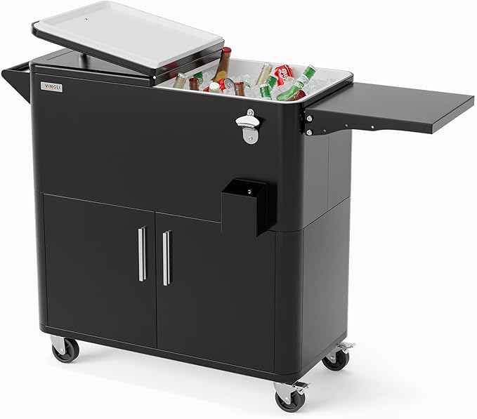 VINGLI Patio Cooler, Ice Chest with Storage Cabinet, Bottle Opener Drainage, Outdoor Cooler for Party, Deck, Pool