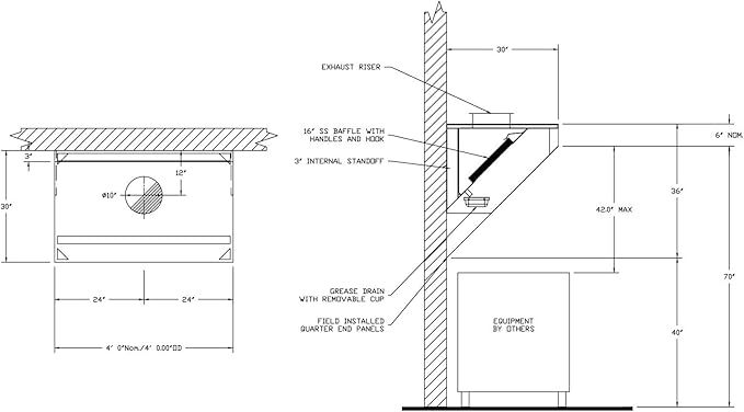 Food Truck Low Profile Exhaust Hood System Includes a stainless steel exhaust hood, an exhaust fan, an adjustable duct section, and installation hardware (4' Long Hood & Fan)