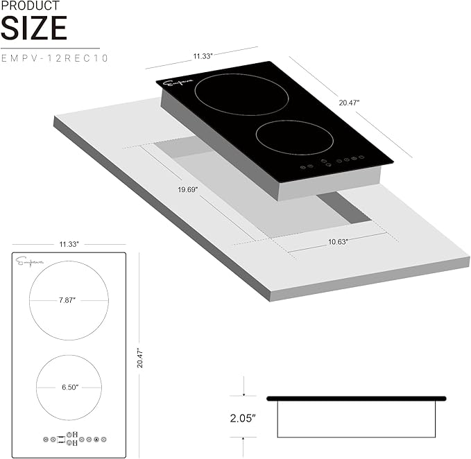 Empava 12 Inch Built-in Electric Cooktop with 2 Burners, Touch Control, Individual Timers, Stop & Go, Child Lock, Flush Mount Design, ETL Certified, 1200W & 1800W Zones, Hard Wired(No Plug)