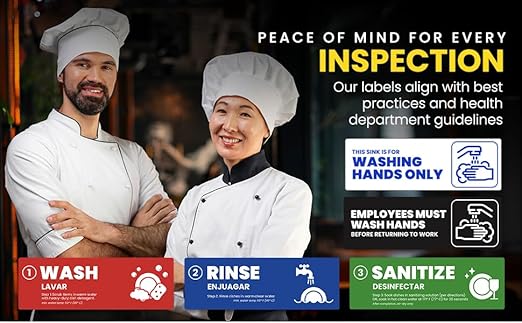 [Enhanced] Wash Rinse Sanitize Sink Labels, Hand Wash Only, and Employee Must Wash Hands | 3 Compartment Sink Stickers | Training Labels for Dishwashing | Food Service Operators (1 Set: 6 x 2 in)