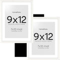Homeforia 9x12 Frame White Wood, High End Oak 9 x 12 Picture Frames with Mat 7 by 10 Photo, 9by12 White Wooden Frame Matted to 7x10 Print, Wall or Tabletop Frames, Tempered Glass, Wall Kit, Set of 2
