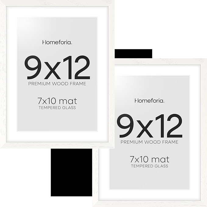 Homeforia 9x12 Frame White Wood, High End Oak 9 x 12 Picture Frames with Mat 7 by 10 Photo, 9by12 White Wooden Frame Matted to 7x10 Print, Wall or Tabletop Frames, Tempered Glass, Wall Kit, Set of 2